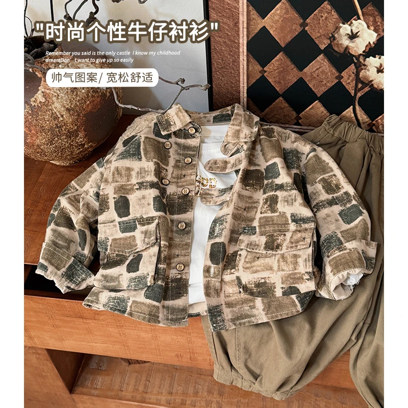 【反季清仓】韩版设计款拼色方块牛仔衬衫男童女童外套24QC451