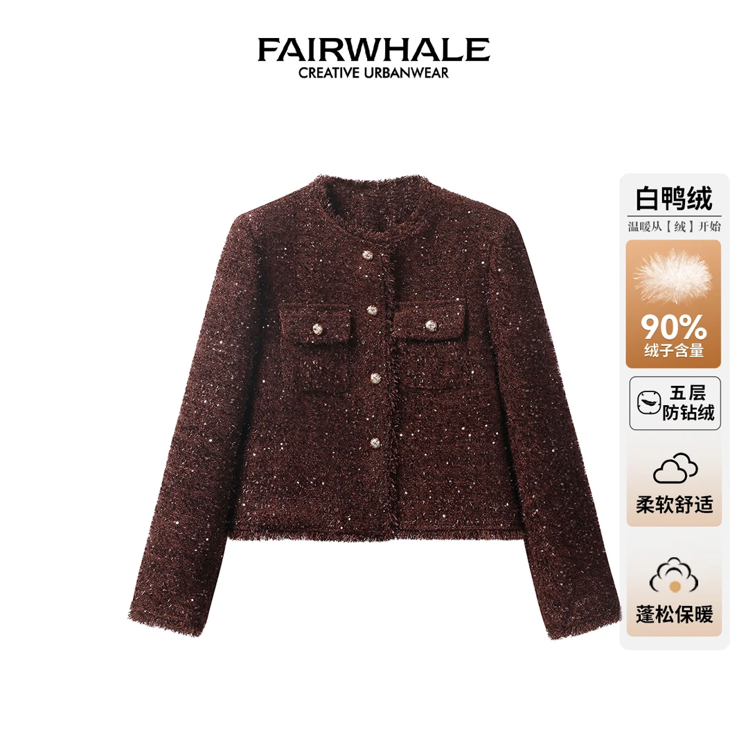 马克华菲女装秋冬精致小香风气质圆领百搭单排扣90高蓬松羽绒服