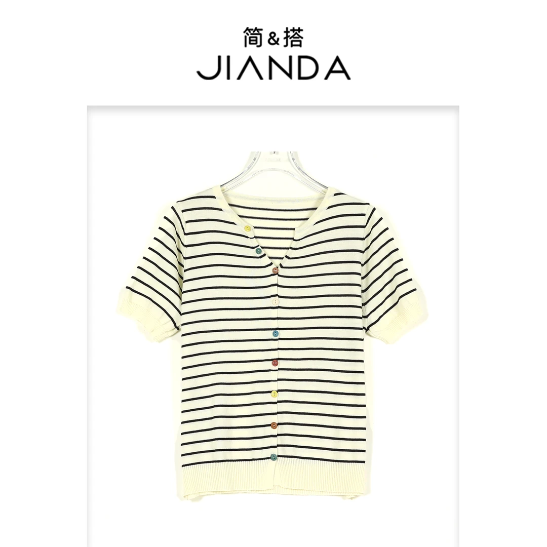 简&搭【千屿Sheila】彩扣短袖条纹开衫252-KS/0406-33179