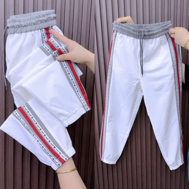 6618拼接腰夏季速干薄款女士透气防晒简束脚九分宽松休闲洋气空调