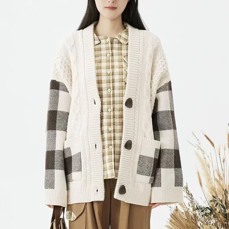 大版格子口袋开衫//简约百搭时尚显瘦气质冬季针织开衫112119