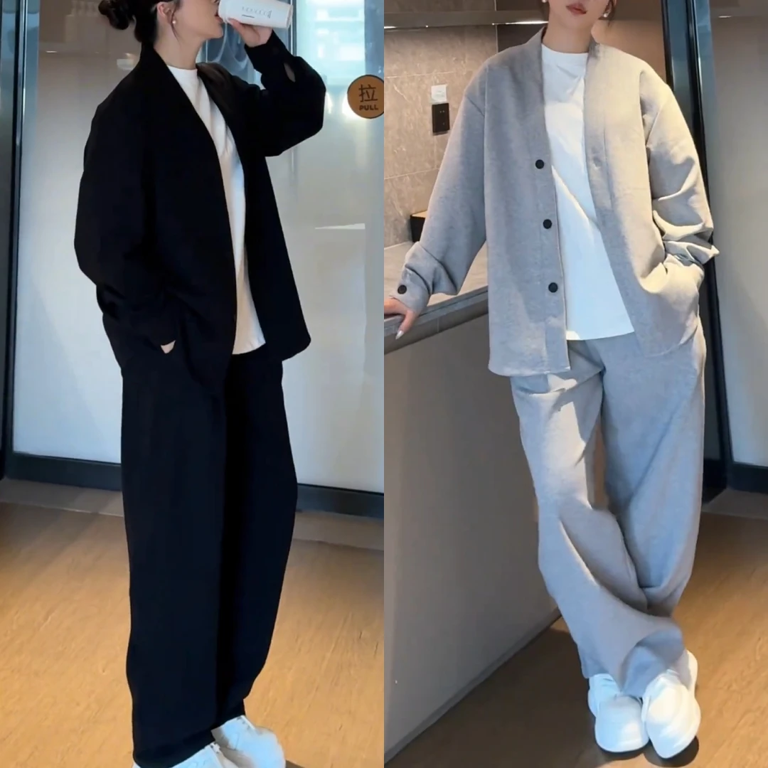 北木秋季复古慵懒风两件套开衫宽松休闲外套显瘦压褶休闲裤套装男