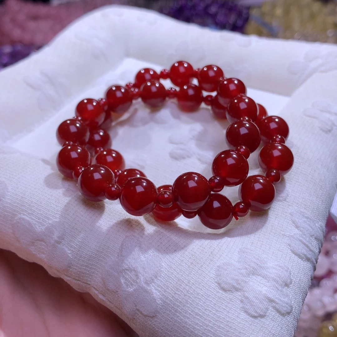 银S925镶嵌水晶手串红玛瑙双圈