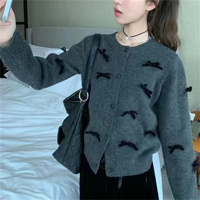 春款小香风温柔系针织衫毛衣女新款立体蝴蝶结时尚风开衫外套9916