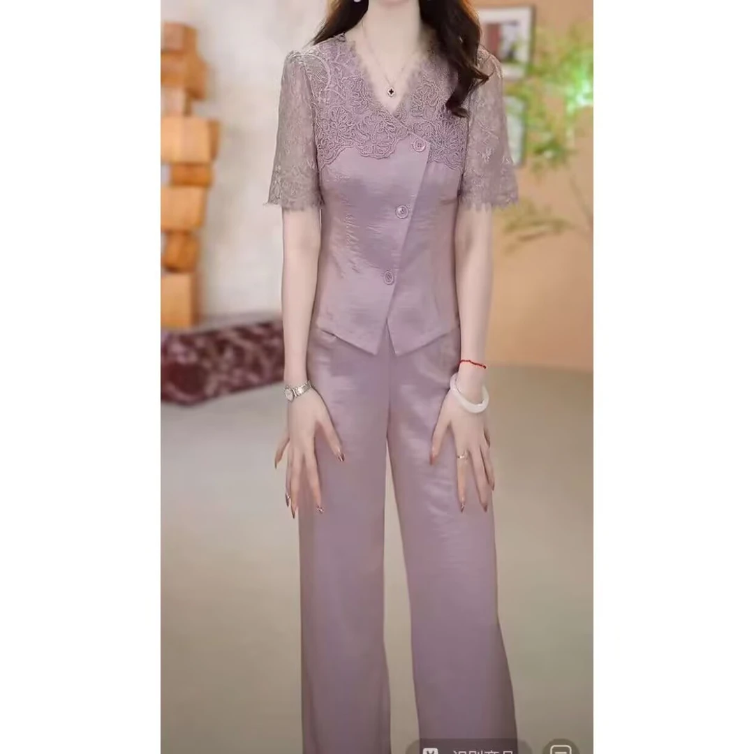 高级云锦丝气质洋气蕾丝拼接俩件套2025夏季新款透气修身显瘦套装