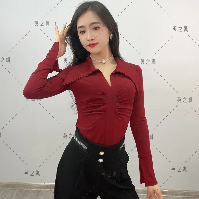 【英之飒】修身显瘦上衣气质长袖修身舞蹈服摩登舞拉丁舞上衣6155