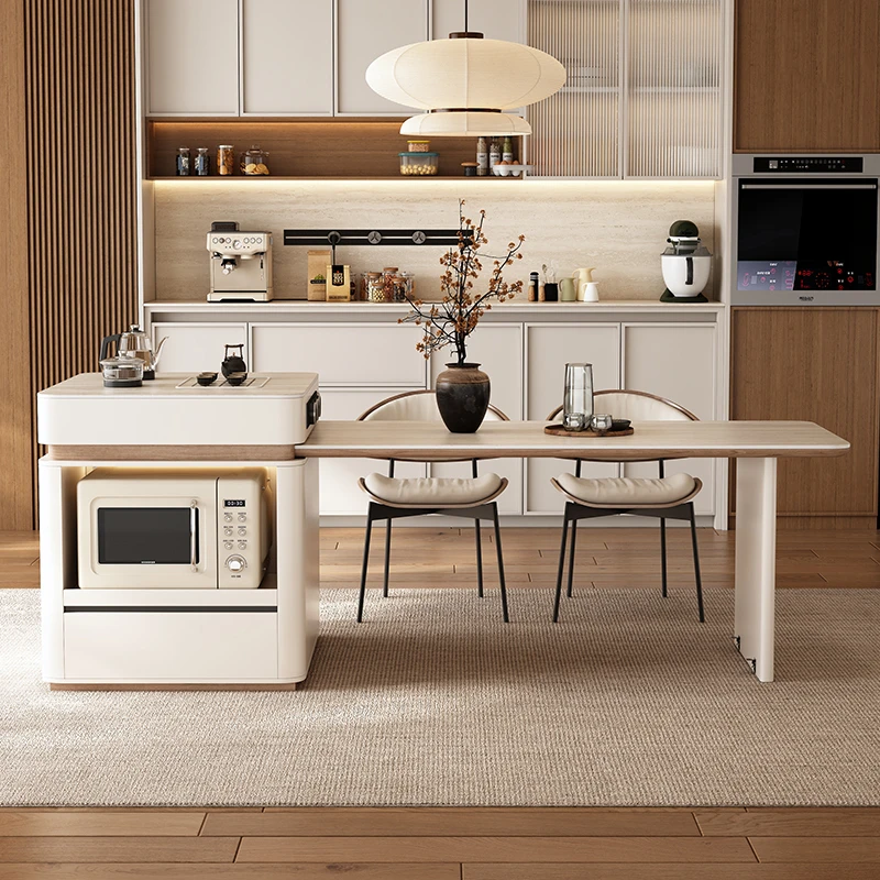 岩板伸缩岛台餐桌中古风语音智能按键伸缩简约餐厅家用高端中岛台