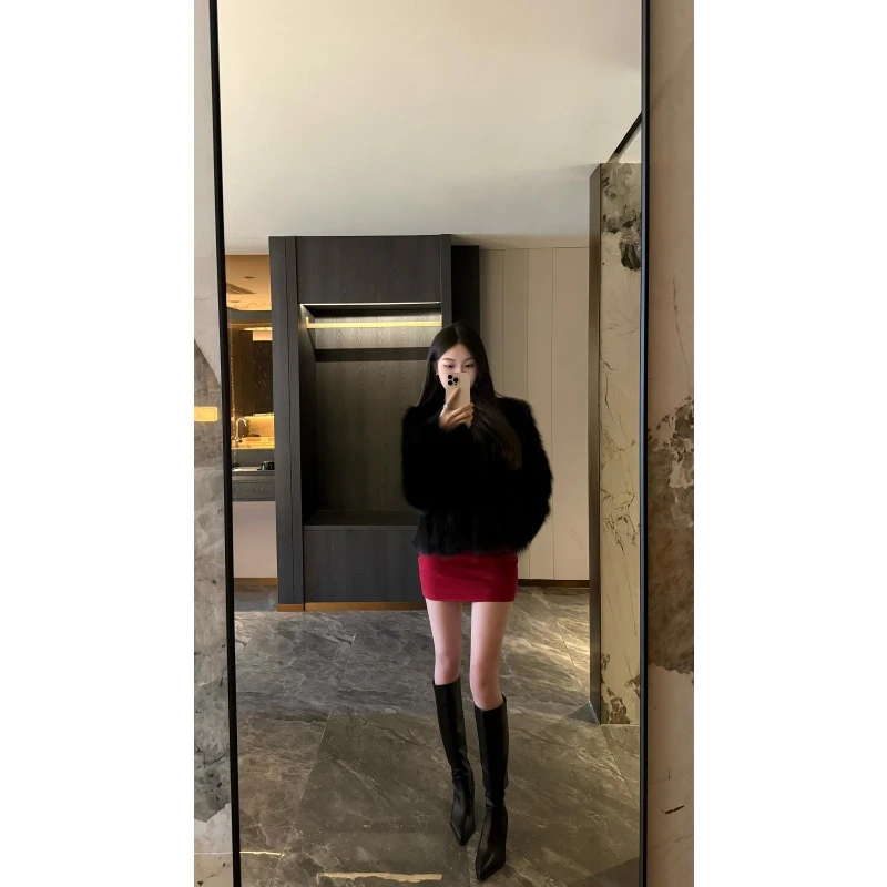 2025秋冬季韩系千金风穿搭黑色短款高级感毛毛外套高腰包臀半身裙