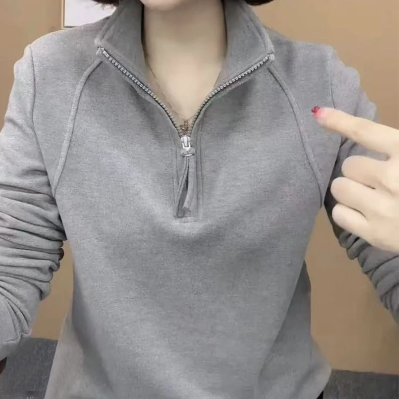 灰色秋冬季新款半拉链立领双面德绒打底衫女加厚保暖宽松百搭上衣