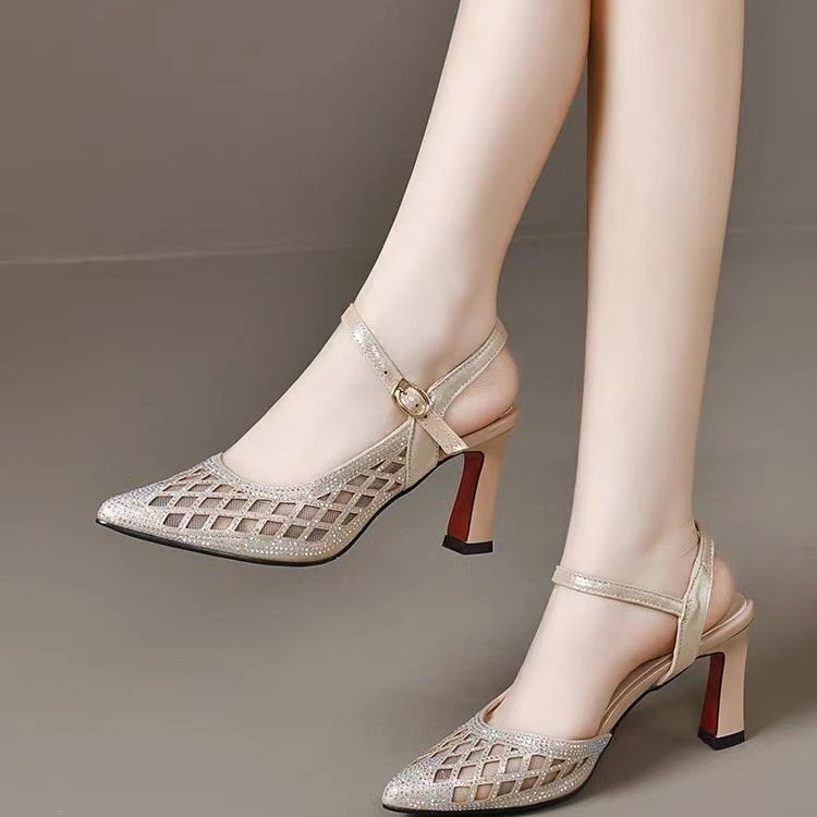 新款高跟凉鞋女夏季尖头细跟网纱烫钻一字扣中空时尚百搭女士凉鞋