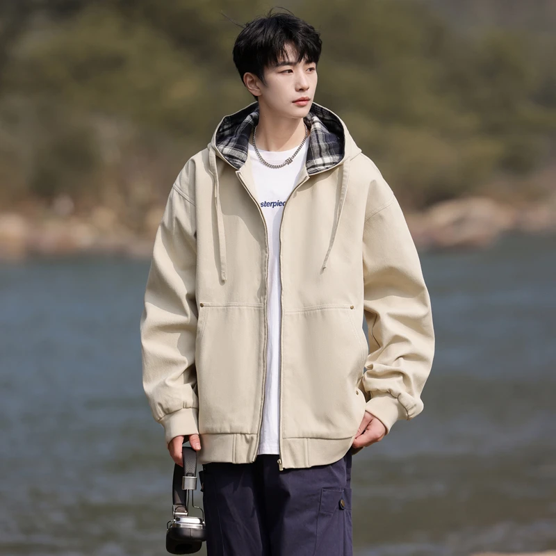 美式高街秋装连帽夹克男士宽松保暖纯棉外套高级感时尚百搭上衣潮