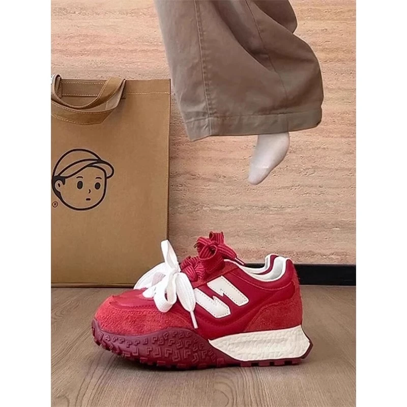 7CM内增高~红色真皮厚底德训鞋女2025夏季新款小个子百搭阿甘鞋子