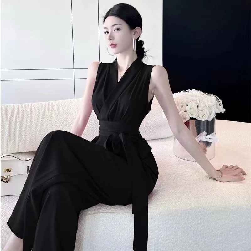 2025高腰小众无袖连身裤女夏季新爆款轻奢绑带收腰设计感垂感西装