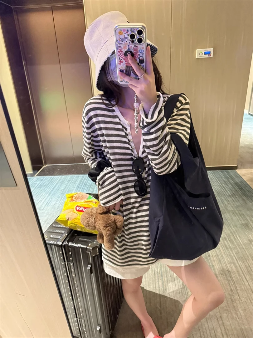 韩系亨利领条纹防晒长袖T恤女夏薄款微透慵懒风空调罩衫宽松上衣