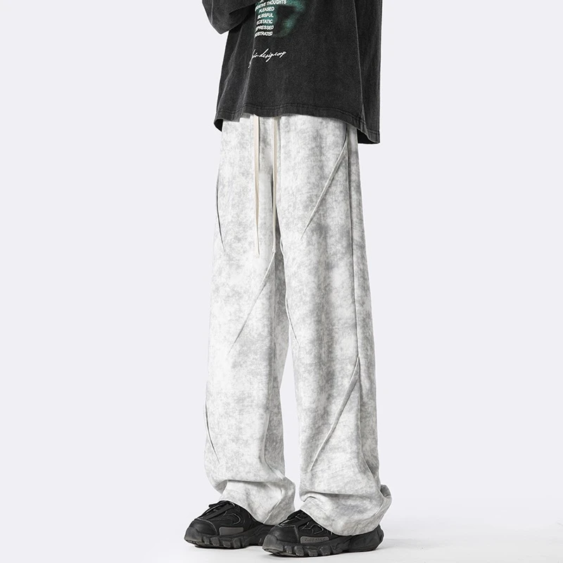 KONITIHA 美式扎染情侣直筒卫裤阔腿宽松运动复古抽绳脏脏裤K0005