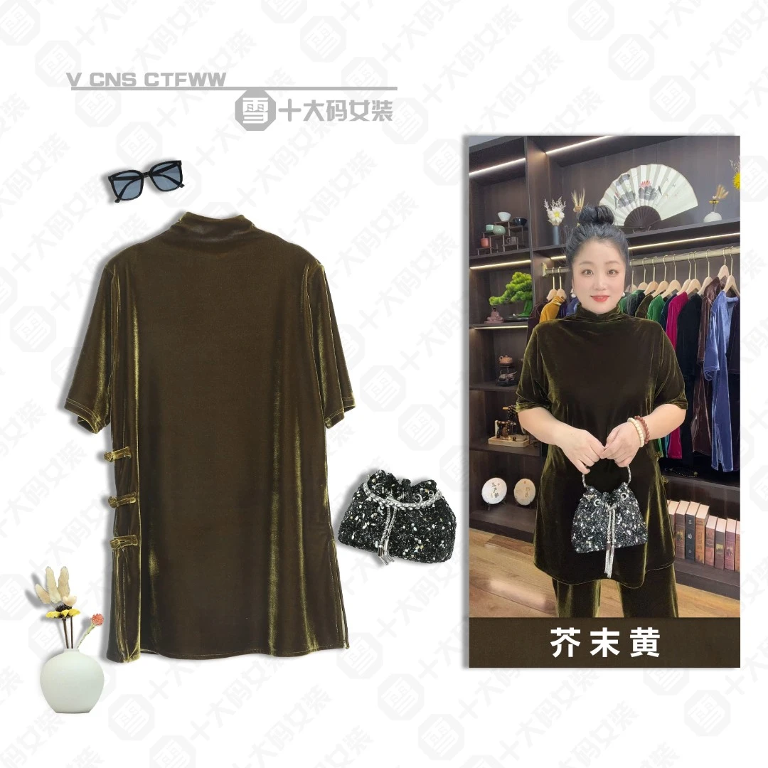 S6505（长款高领）（半袖）国风丝绒中长款半袖百搭女装