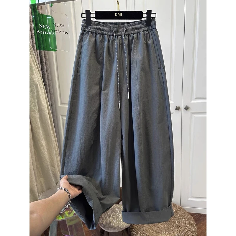 大码女装胖mm240斤松紧腰抽绳休闲裤女弯刀裤宽松褶皱垂感阔裤子