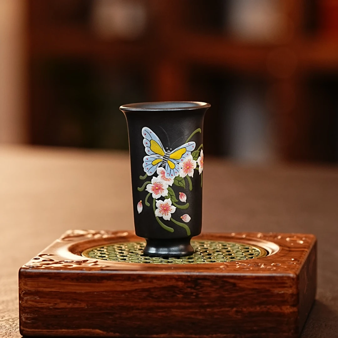 宜兴正宗紫砂石黄蝶恋花闻香杯紫砂茶杯茶具紫砂主人杯网红茶器
