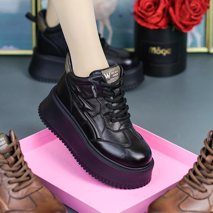 01-8771新款真皮女鞋头层牛皮圆头松糕厚底增高系带休闲百搭单鞋