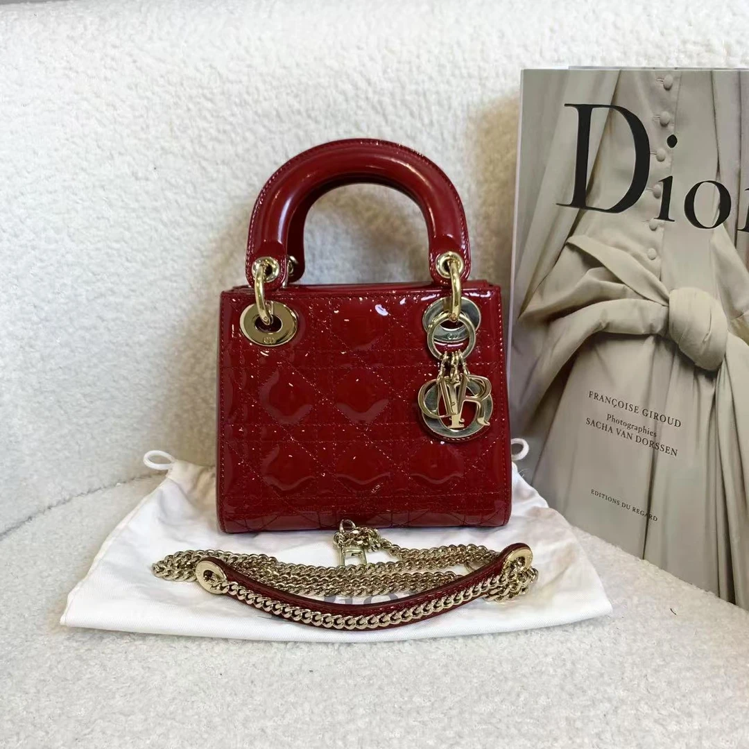 99新 DIOR/迪奥 壹臻/红金漆皮三格戴妃包/53653257