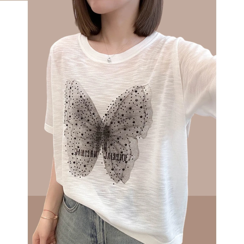 大码短袖t恤女2025年夏季新款胖MM爆款蝴蝶提花圆领薄款短袖上衣