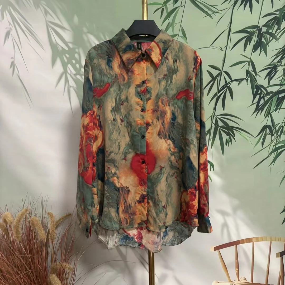 442秋新款复古印花衬衫女大码宽松上衣洋气设计感衬衣