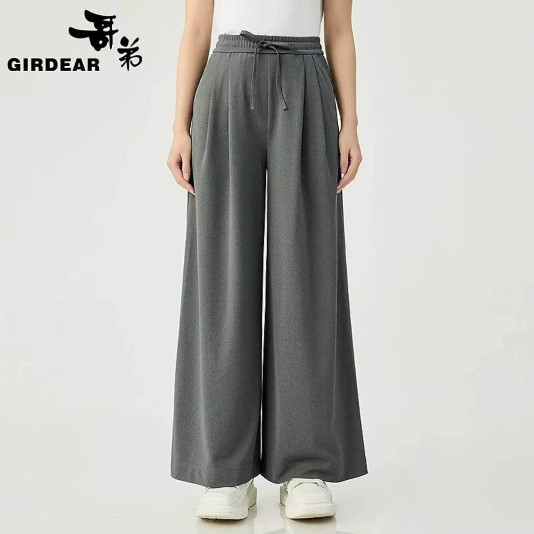 哥弟品质女装经典百搭舒适通 勤高腰松紧阔腿休闲长裤1100285