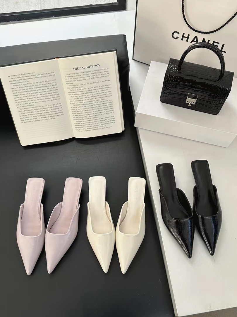 简约气质显瘦尖头猫跟包头凉拖鞋女外穿法式软皮细跟穆勒半拖鞋