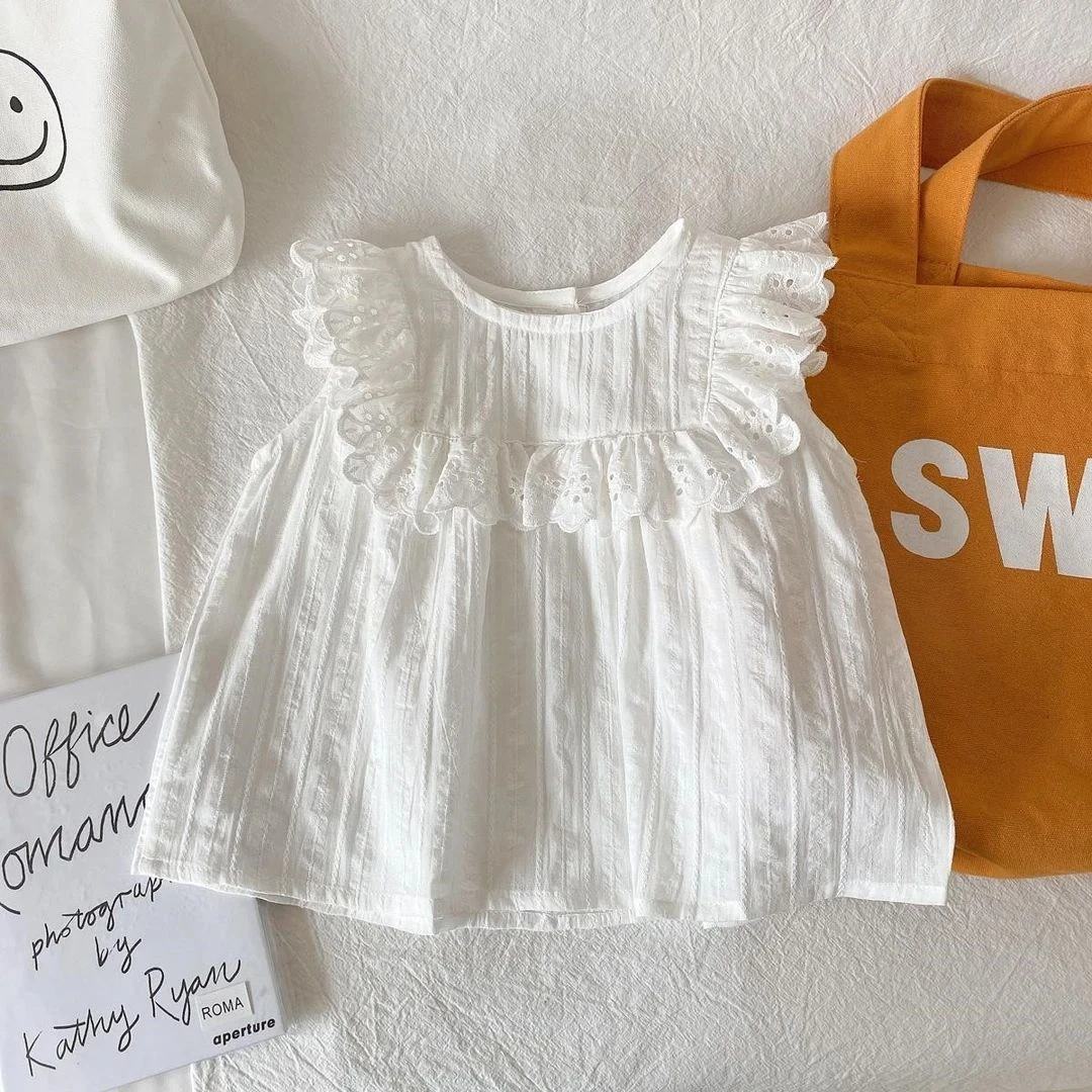 女童夏季新品无袖花边衬衣儿童飞袖荷叶边背心上衣女宝娃娃衫