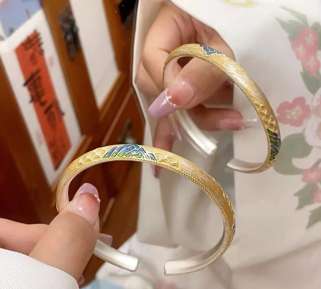 足银手镯 【七七】9999纯银千里江山图开口手镯女轻奢小众风