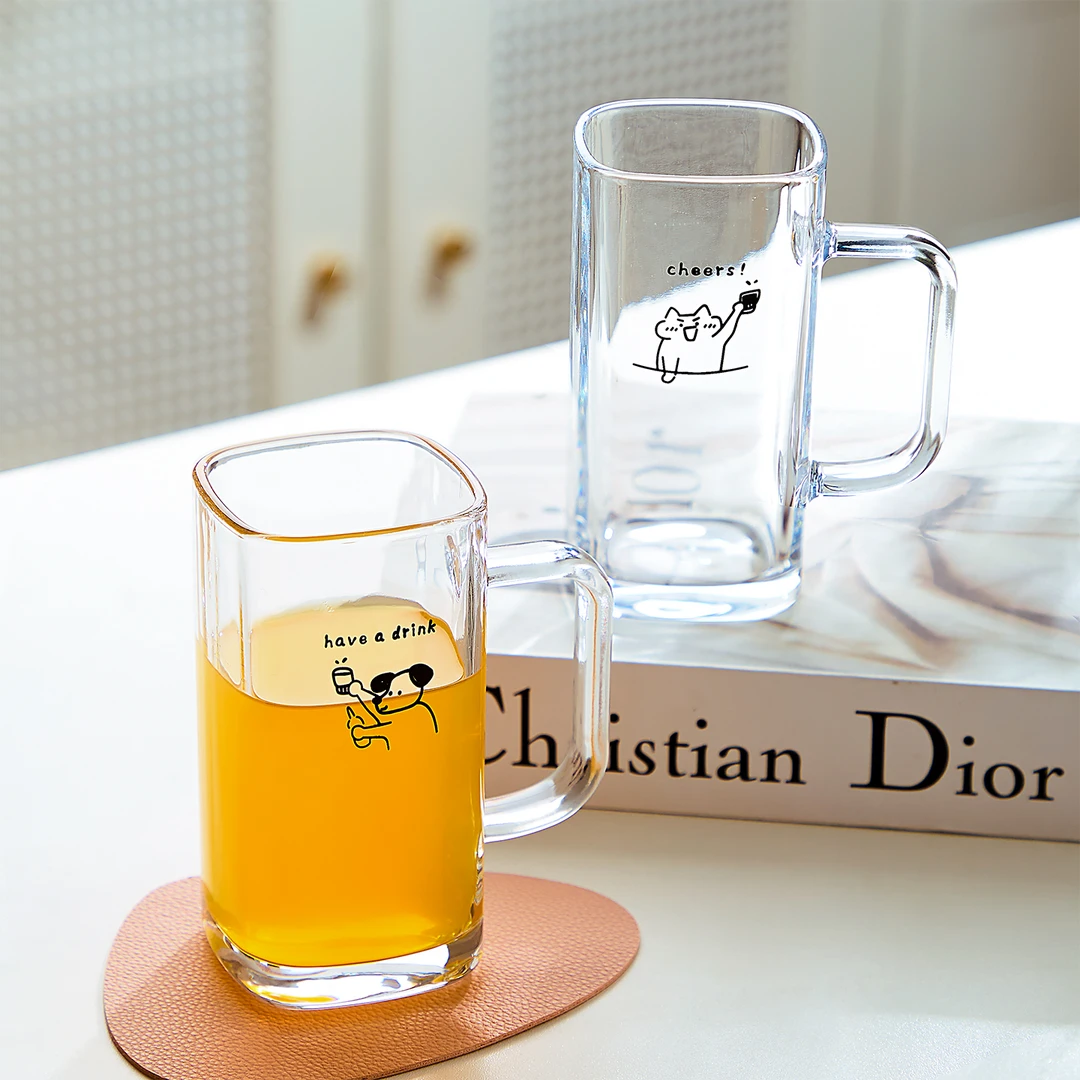 原创ins韩风可爱美式小狗猫玻璃杯水杯啤酒果汁饮料果酒汽泡杯