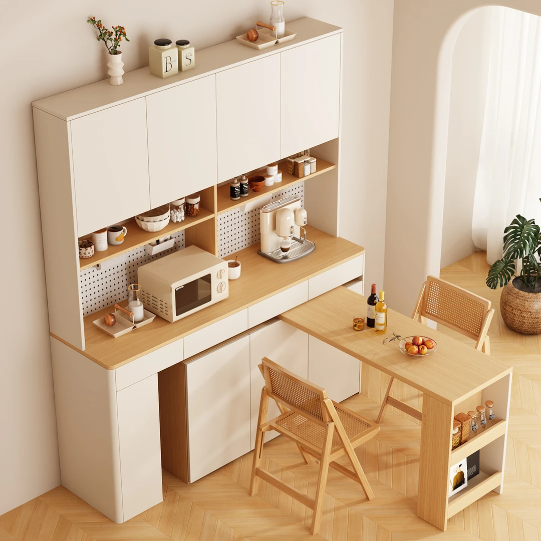 奶油风餐边柜餐桌一体可嵌入式伸缩小户型客厅家用靠墙酒柜置物架