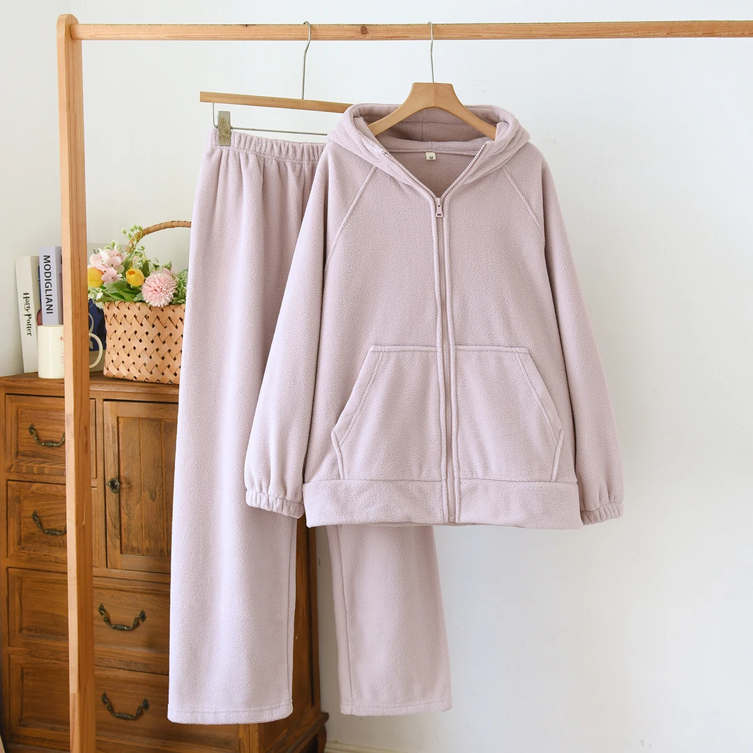 摇粒绒睡衣女款秋冬季加绒加厚保暖珊瑚绒休闲连帽长袖家居服套装