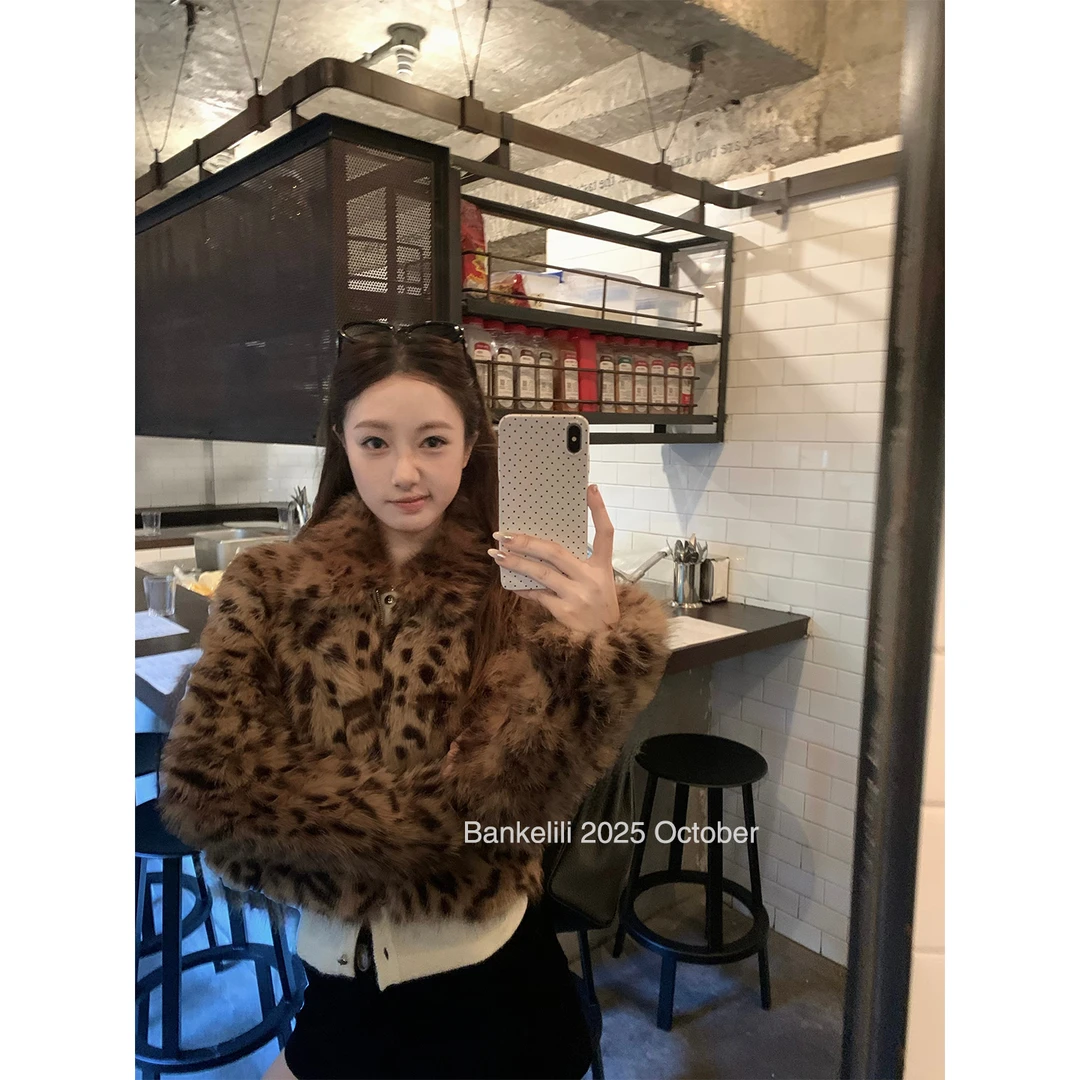 人造皮草 板栗可可'复古冬日'豹纹环葆皮草翻领毛毛休闲