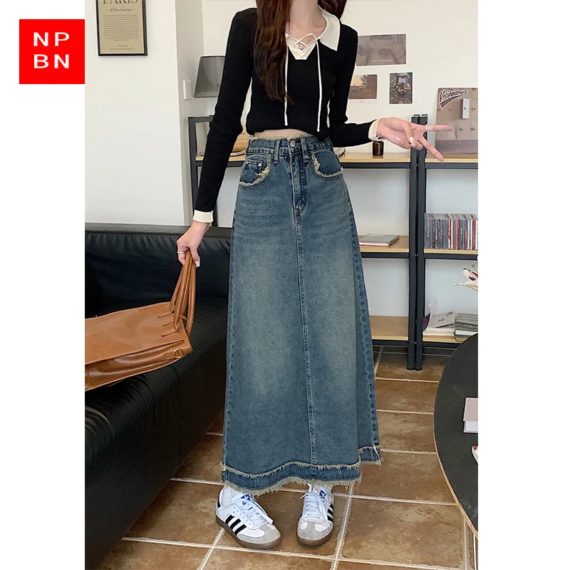 2025春夏新款大码毛边牛仔裙女春季大码胖mm高腰遮胯显瘦梨形身材