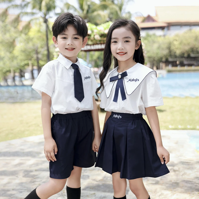 儿童演出夏装英伦男童短袖上衣学院风表演服毕业套装夏季女童衬衫