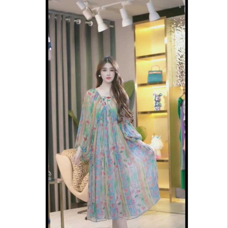 【乖瑶】气质重磅真丝温柔风轻奢收腰碎花显瘦连衣裙 2468956