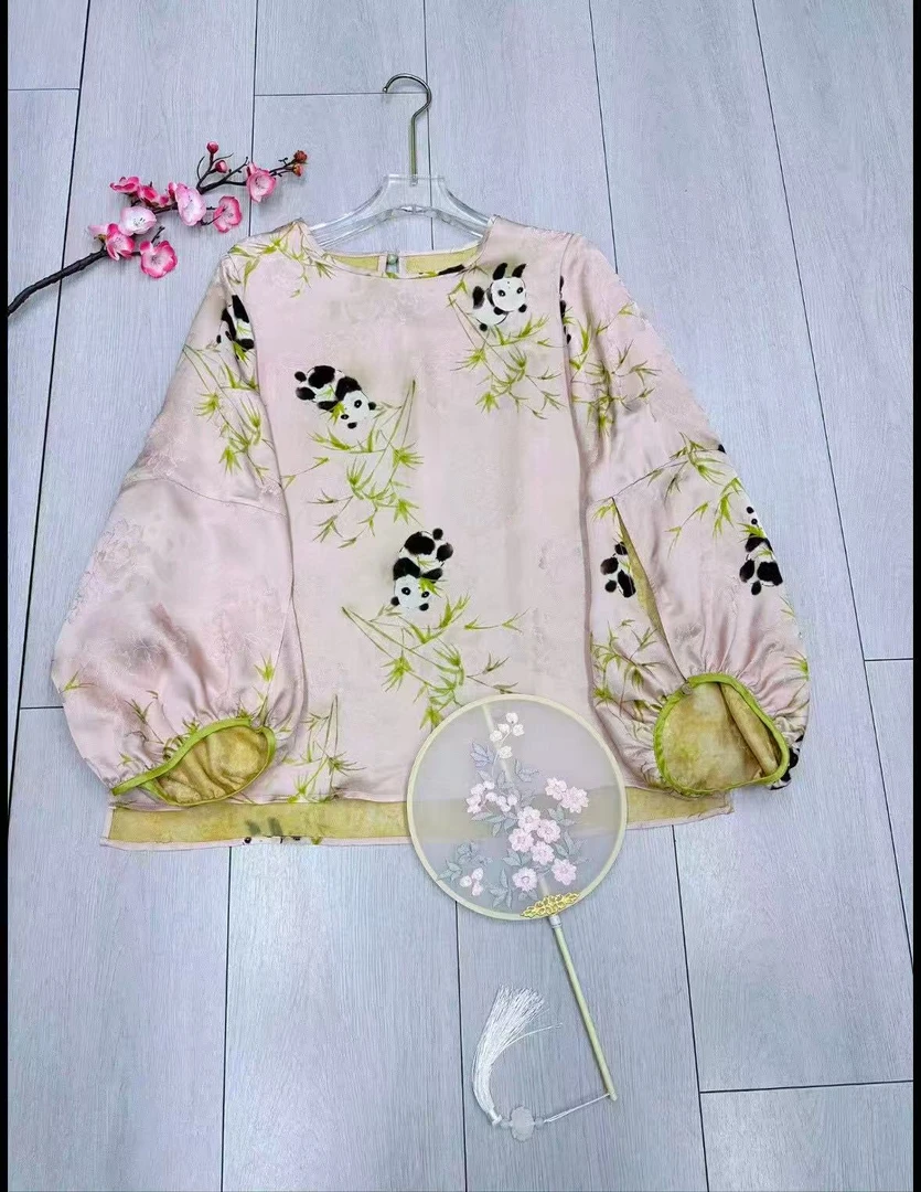 『熊猫抱竹』国风春夏新款国色天香熊猫提花上衣