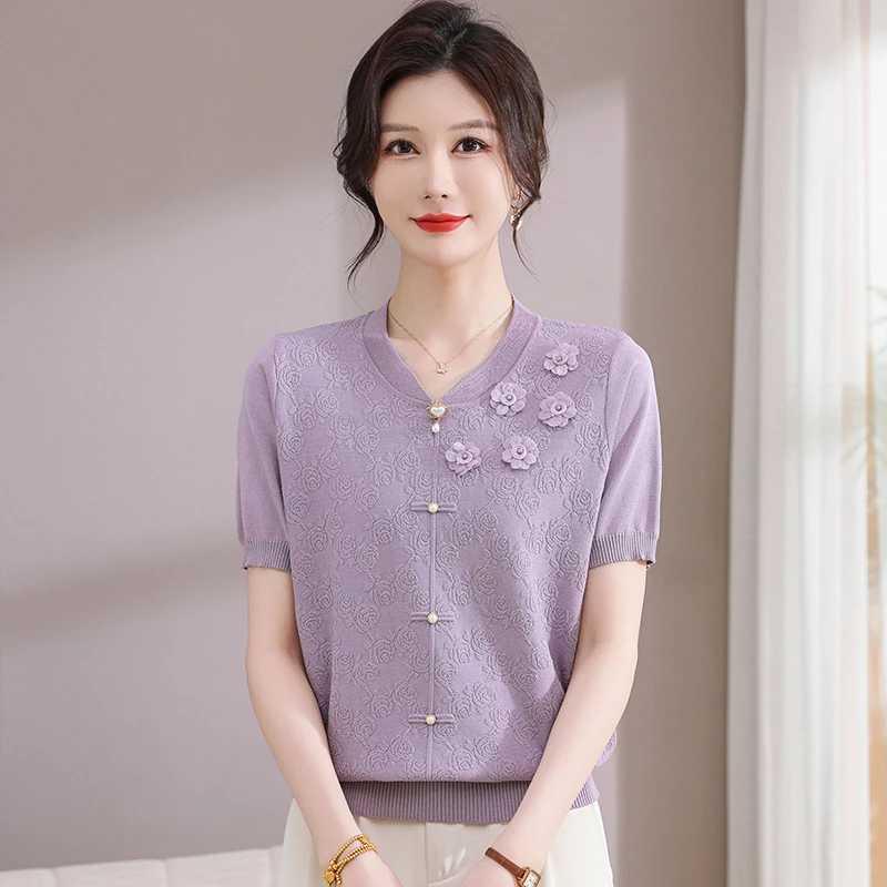 母亲节新款气质短袖衫妈妈中老年百搭减龄小衫宽松显瘦T桖衫薄款