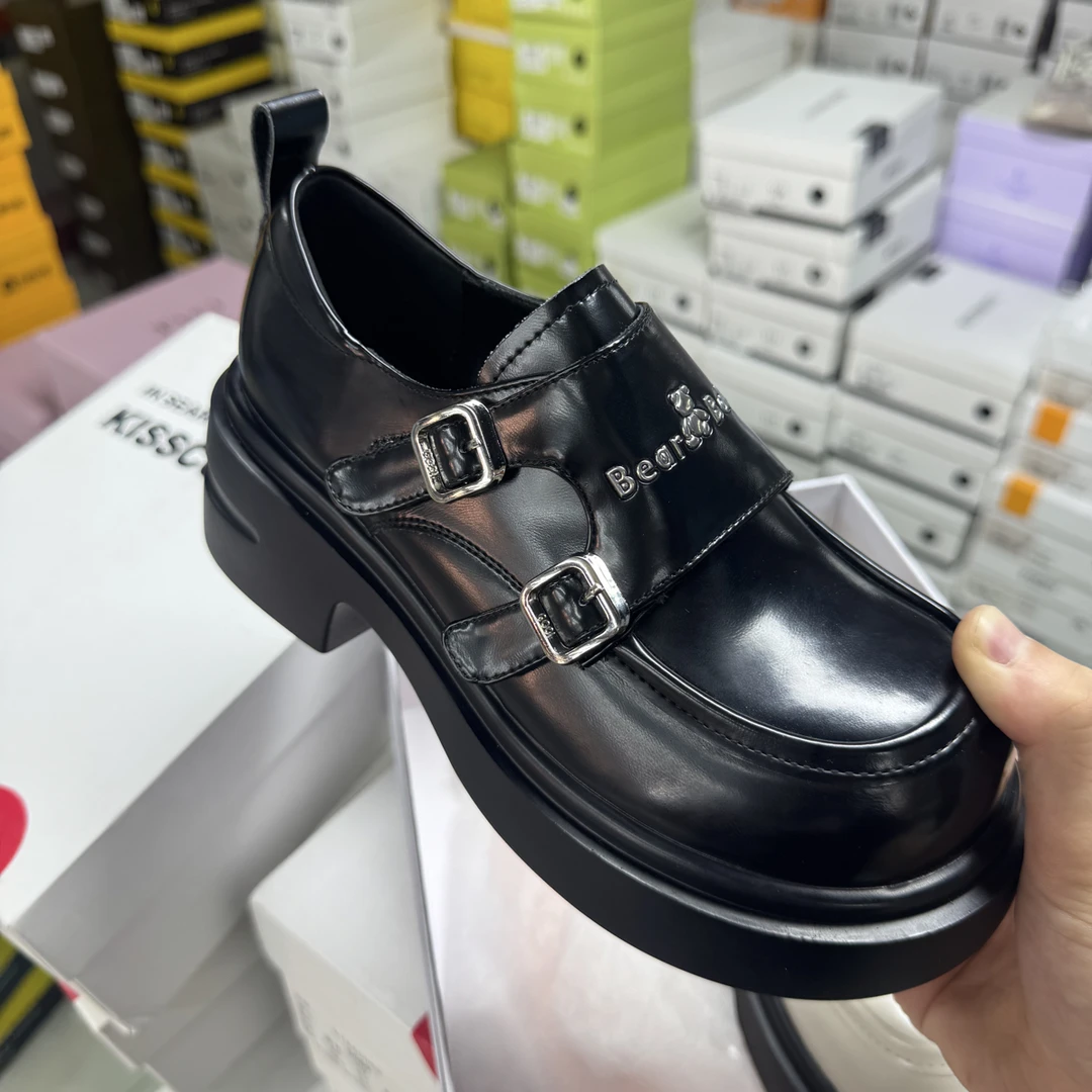 3506厚底乐福鞋女新款小个子粗跟增高单鞋英伦风一脚蹬松糕小皮鞋