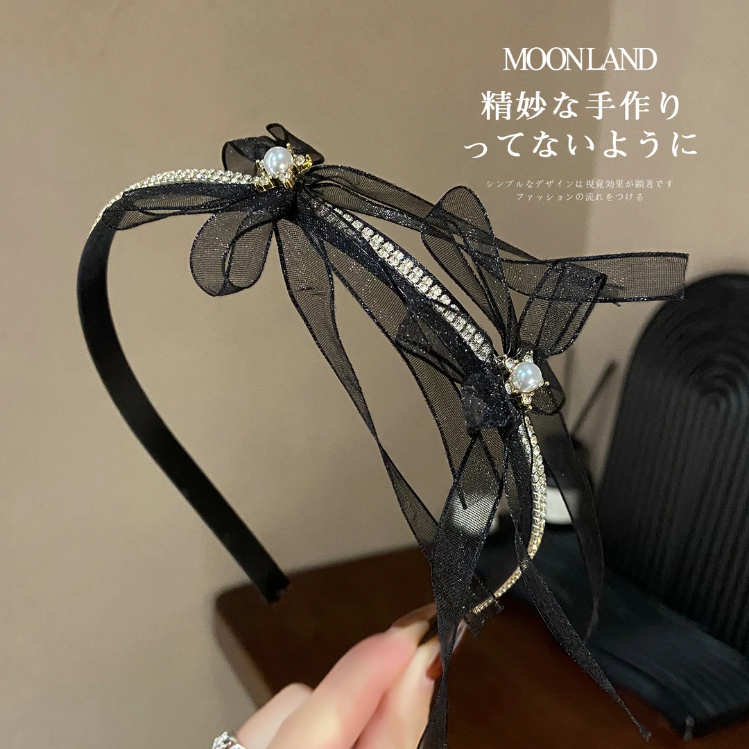韩系网纱蝴蝶结发箍高级感金属发卡外出百搭发捆水钻头发头饰发饰