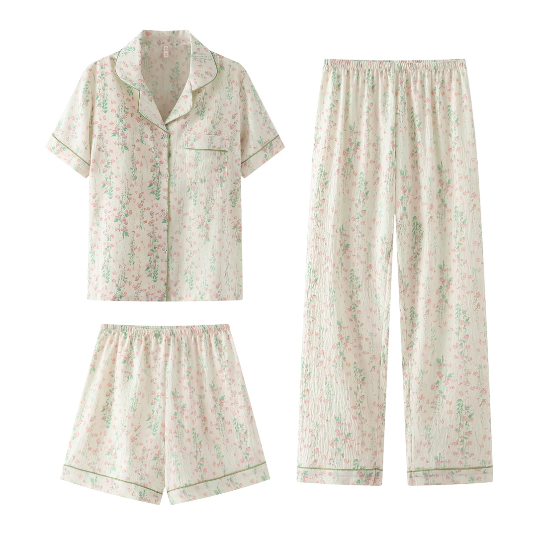 带胸垫翻领云朵棉【小红花～拍一发三】短袖长裤家居服套装可外穿