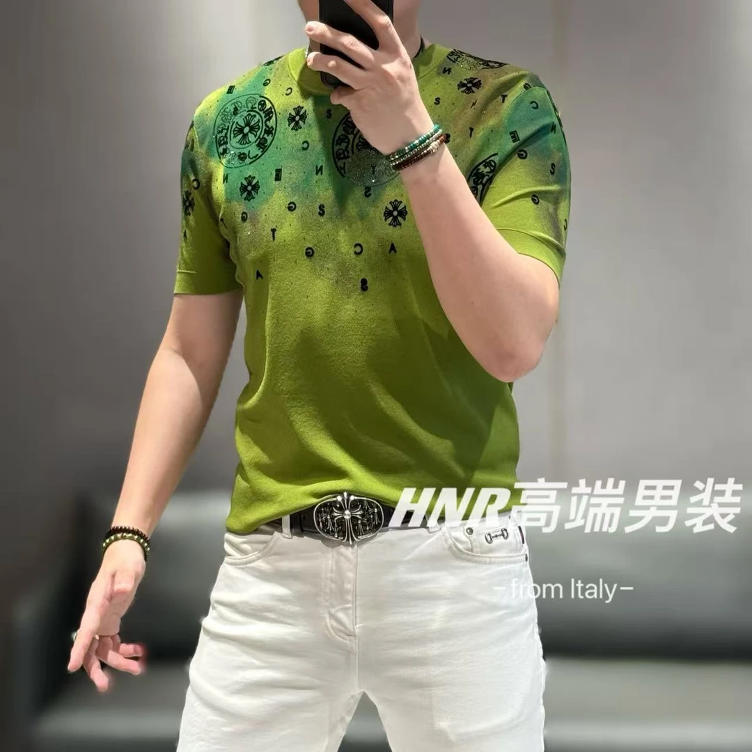 高端伊力特丝激光雕花植绒工艺奥钻点缀T恤56813