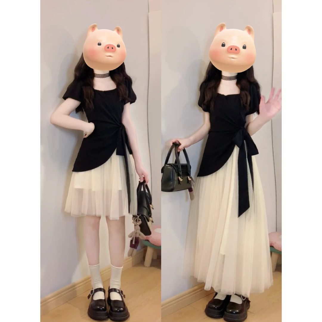 大码女装夏季撞色褶皱收腰设计感气质显瘦连衣裙长短款