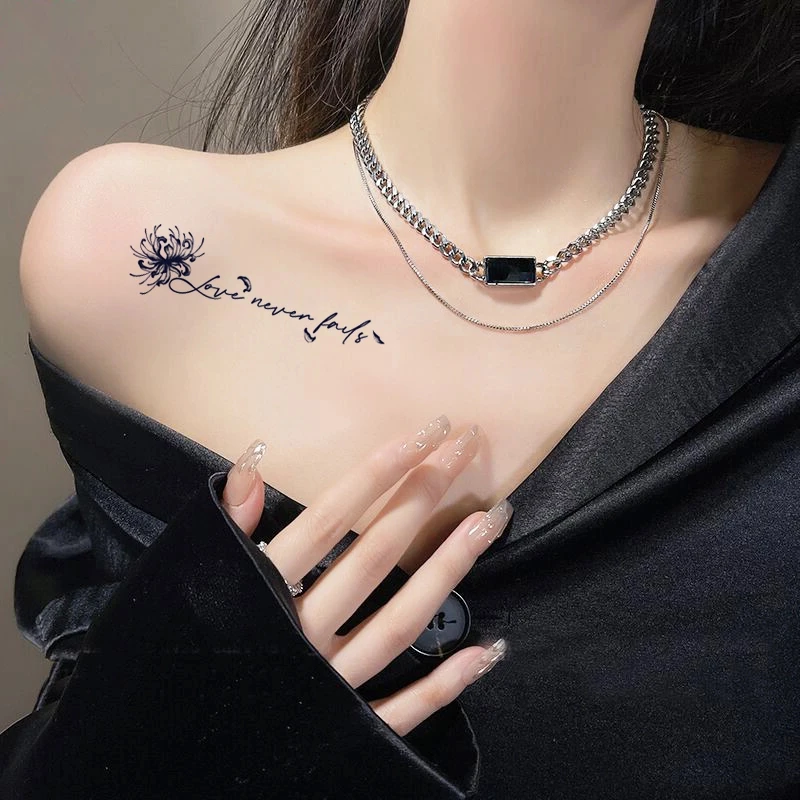 彼岸花草本纹身贴防水持久纹身半永久贴纸女锁骨英文高级感仿真