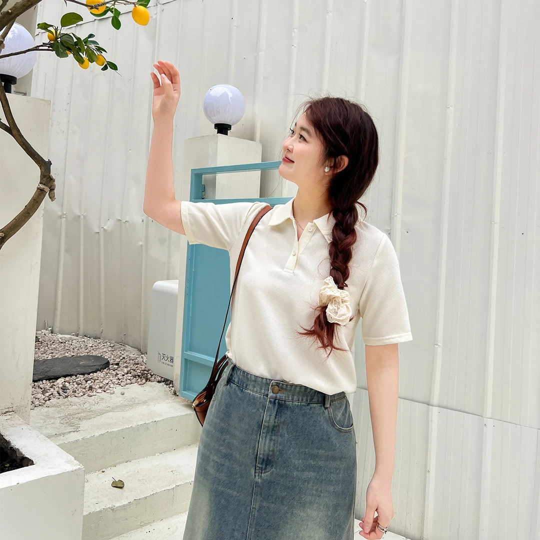 【春季新品】大码百分百女装显瘦正肩短袖上衣华夫格Polo领T恤0424