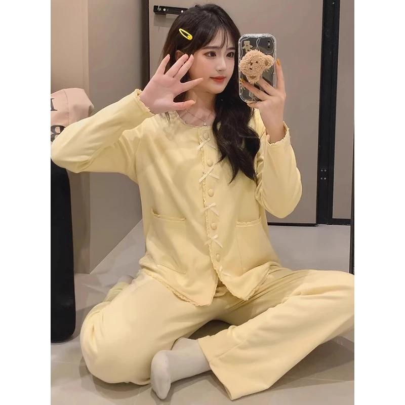 春秋款甜美奶黄色长袖睡衣女秋冬季加厚羊绒发热女士公主风家居服