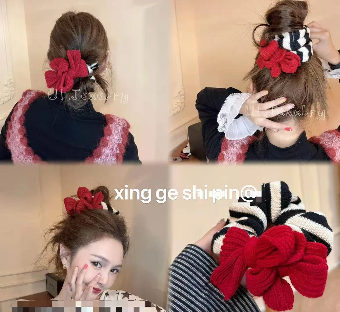 S516红色毛线蝴蝶结条纹肠圈
