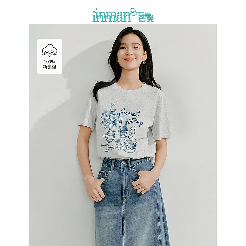 【欧若风新品】茵曼夏季法式纯棉印花圆领T恤休闲百搭宽松短袖上衣