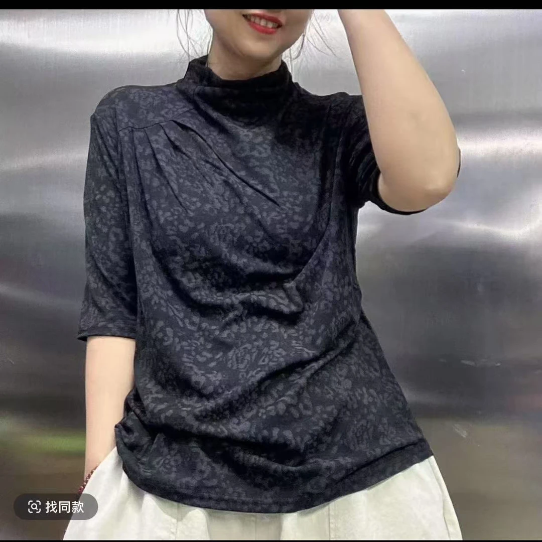 豹纹印花肩上捏褶中领中袖打底衫T恤女百搭春夏复古针织显瘦上衣